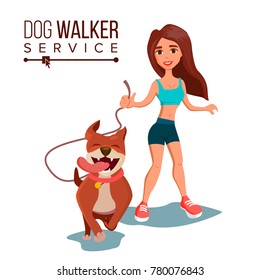 Dog Walker Vector. Walking With Pets. Go For A Walk. Flat Cartoon Illustration
