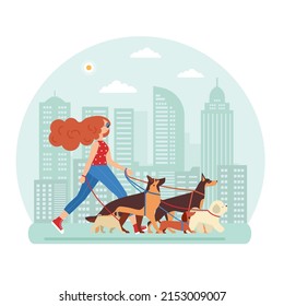 Dog Walker Woman With Group Of Dogs On Leashes In City Park. Pet Care Service Concept Illustration With Female Pet Sitter Or Professional Handler For Doggy Walking, Training And Day Care Business.