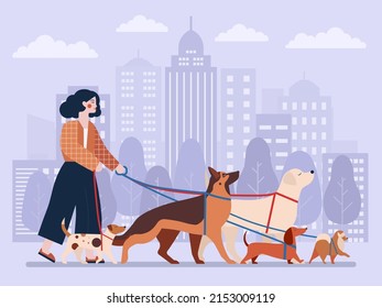 Caminante de perros con un grupo de perros cortados en el parque de la ciudad. Ilustración conceptual del servicio de cuidado de mascotas con cuidadora de mascotas o entrenadora profesional femenina para la caminata de perros, entrenamiento y cuidado de día.