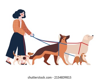 Dog Walker Woman With Group Of Dogs. Female Pet Sitter Or Professional Handler For Doggy Walking, Training And Day Care Business.