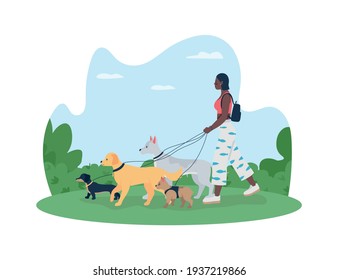 Dog walking 2D vector web banner, poster. African american woman with puppies on leashes flat character on cartoon background. Pet care and training printable patch, colorful web element