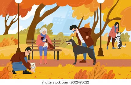 Dog walking area. People are relaxing in the autumn park with their pets. Flat vector illustration