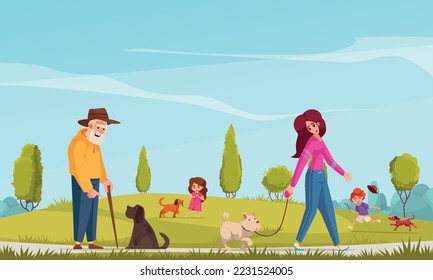 Dog walking cartoon poster with happy pet owners in park vector illustration
