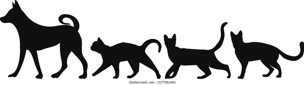 dog walking with cats silhouette isolated, vector