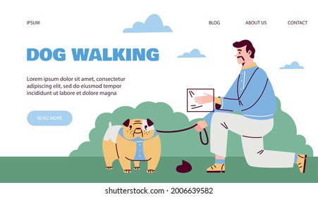 Mapa de banner web de reglas de caminar y limpieza de perros con el propietario de mascotas listo para limpiar después de su animal, ilustración de vector plana. Reglas de ahorro de limpieza del entorno.