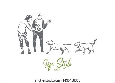 Dog Walking Concept Sketch. Isolated Vector Illustration