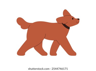 Perro caminando. Lindo perfil de cachorro, sonriente y meneando la cola. Adorable animal canino, perrito con collar. Divertido cachorro feliz yendo, paseando. Ilustración vectorial plana aislada sobre fondo blanco