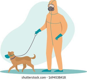 Dog walking during coronavirus COVID-19 quarantine. Man with full protective gear and his dog wearing medical mask. Flat vector illustration