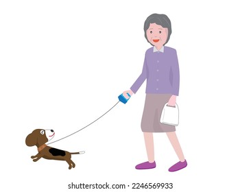 A dog walking with an elderly person.