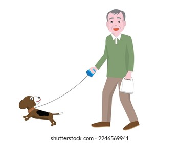 Ein Hund, der mit einer älteren Person spaziert.