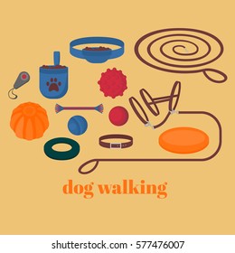 Dog walking elements. Flat isolated set, pet walk items. Doggy training icons collar, leash and headstall. Play objects ball, liker, puller and frisbee, treat and cord vector illustration