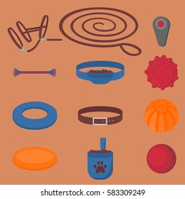 Dog walking elements. Flat isolated set, pet walk items. Doggy training icons collar, leash and headstall. Play objects ball, liker, puller and frisbee, treat and cord vector illustration