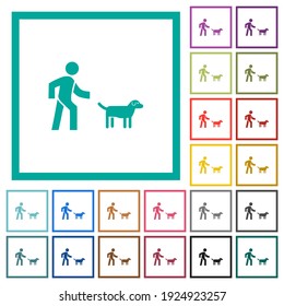 Dog walking flat color icons with quadrant frames on white background