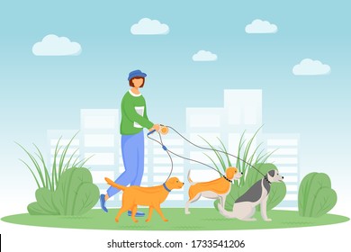 Dog walking flat color vector illustration. Day care and pet sitting. Puppy on leash. Man in park with group of domestic animals. Dog owner 2D cartoon character with cityscape on background