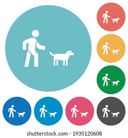 Dog walking flat white icons on round color backgrounds