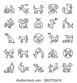 Dog walking, icon set. Dog on a leash with the owner, linear icons. Clean up after your dog. Playing with a pet. Line with editable stroke