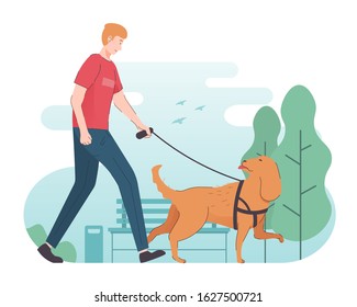 Dog walking illustration. People spending time with pet