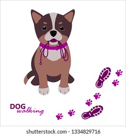 Dog walking logo template. Dog with leash in its mouth. Vector Illustration, eps8.