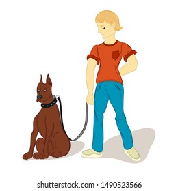 dog walking man with a dog on a leash, drawn in cartoon style.