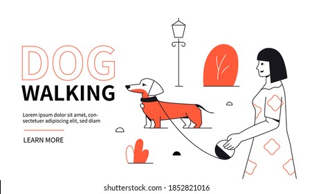 Dog walking - modern flat design style web banner with line elements and copy space for text. An illustration with a smiling young woman in the park going with her cute dachshund pet. Leisure idea