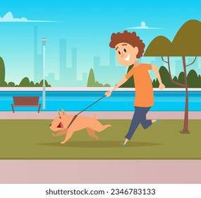 Dog walking. outdoor background happy boy walking with dog KW vector cartoon template