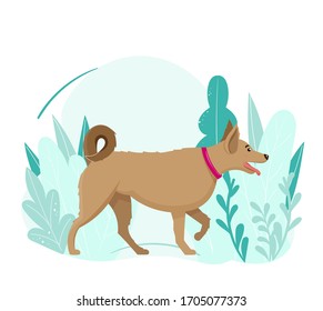 Dog walking in a park. Vector illustration with background