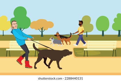 Dog walking with people in the park. Urban lifestyle pet isolated