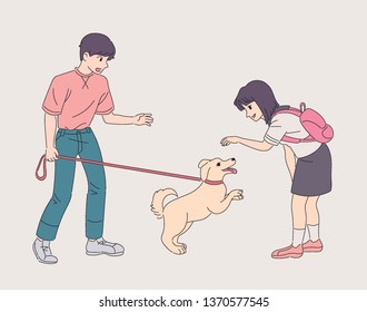 The dog walking is pleased to meet the girl and the boy is embarrassed. hand drawn style vector design illustrations. 