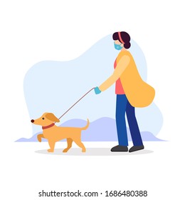 Dog walking rules during quarantine. Owner girl or sitter in a sterile medical mask, with blindfold, gloves and walking a dog on a leash in a collar. Vector flat modern illustration