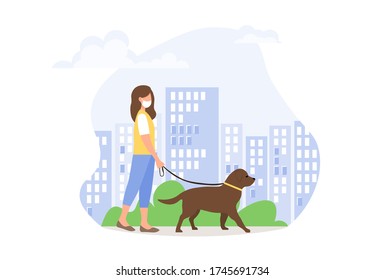 Dog walking rules during quarantine. Female character walking a dog in a medical mask on his face. Young woman in a park for a walk with a dog. Cute vector illustration.