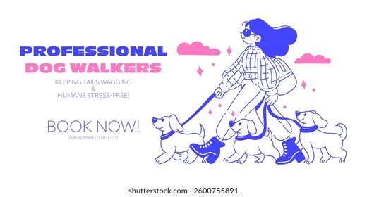 Dog Walking Service Banner. Happy Woman Walking a Dog, Modern Flat Illustration.