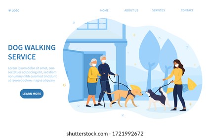 Dog Walking Service during the coronavirus pandemic with a young woman collecting a dog from an elderly couple at their house, all wearing masks, colored vector illustration