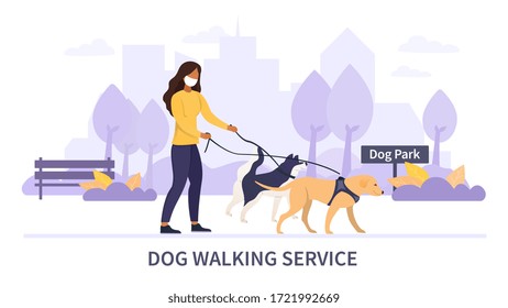 Dog Walking Service during the Covid-19 pandemic with a young woman in mask walking two dogs on leads in a park, colored vector illustration