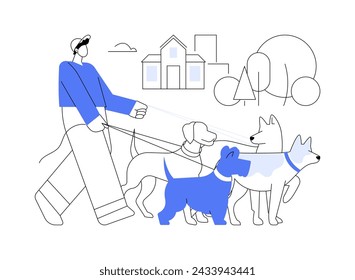 Dog walking service isolated cartoon vector illustrations. Young man walks in the park with group of cute dogs, people lifestyle, pet care services, promenade with animals vector cartoon.