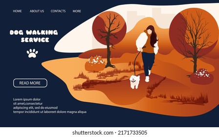 Dog Walking Service Landing Page, Template For Website. Woman With Walks With Dog At City Park In Autumn Time. Dog Walker Character, Cartoon, Flat Vector Illustration