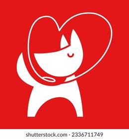 Dog walking service logo in flat line style With a heart shaped leash. Happy puppy training icon. Dog Sitting symbol in Red and White vector outline illustration. Simple Cartoon animal logotype