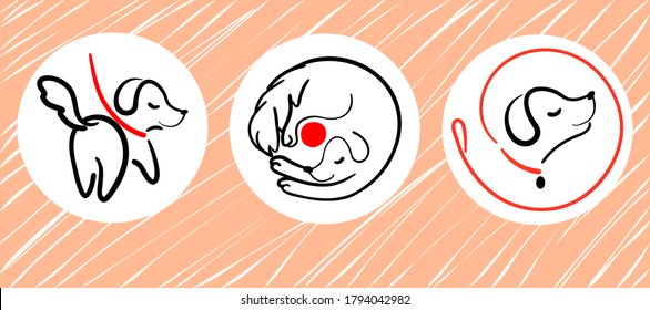 Dog walking service logo set in line style on round from leash. Happy puppy training icon. Walk pet symbol in black red vector outline illustration. Simple Cartoon animal logotype.