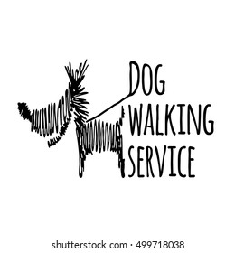 Dog walking service logotype on white background. Dog sitter. Isolated scribble style logo template. 