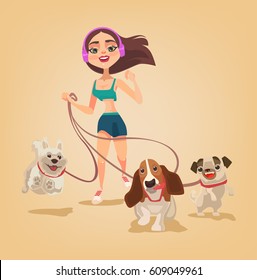 Dog walking service. Woman character run with pets. Vector flat cartoon illustration