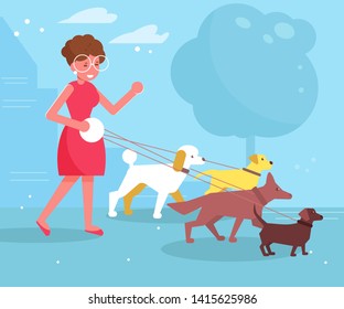 Dog walking services Woman walks with four dogs Vector. Cartoon. Isolated art