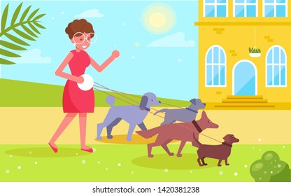 Dog walking services Woman walks with four dogs