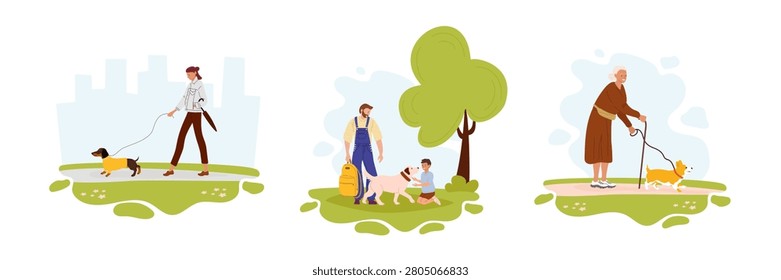 Dog walking set of 3 compositions. Different people walking different dogs in park. Vector illustration for pet, dog lover