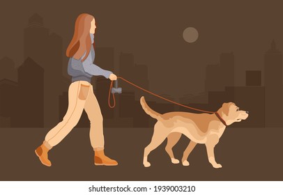 Dog walking. Dog sitter. Young girl leads a pet. Vector.