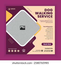 Dog walking Social Media Post design Or pet walker business web, online Square banner template