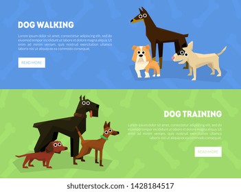 Dog Walking, Training Banner, Landing Page Template, Dog School or Club Vector Illustration