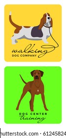 Dog Walking and Dog Training logo Design. Vector Illustration Basset Hound, Rhodesian Ridgeback.