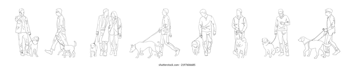 Dog walking vector illustration collection. Editable hand drawn sketch of man and pet animal.