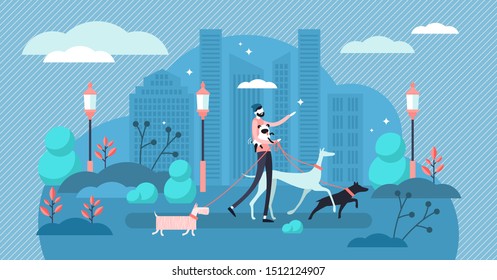 Dog Walking Vector Illustration. Flat Tiny Obsession Pet Care Exercise Person Concept. Urban Outdoor Activity For Puppy And Owner Health. Human Best Friend Companionship Lifestyle. Urban Scene In Park