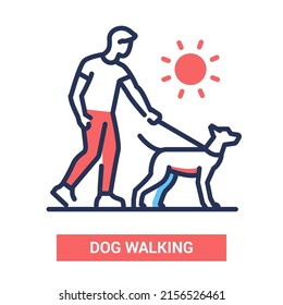 Dog walking - vector line design single isolated icon on white background. High quality black pictogram with red and blue colors. Image of man in the park leading a pet on a leash. Animals care