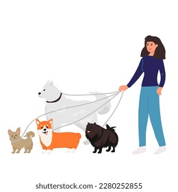 dog walking. Walks a lot of dogs down the street Dog walkers. Vector flat illustration,